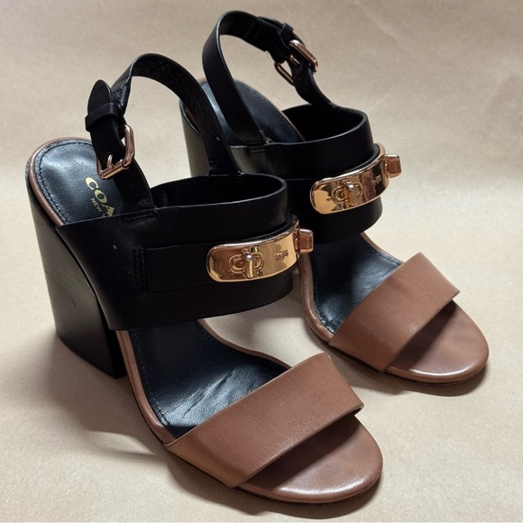 Coach Dennis Chunky High Heel Slingback Sandal In Nude/Black - Picture 1 of 11